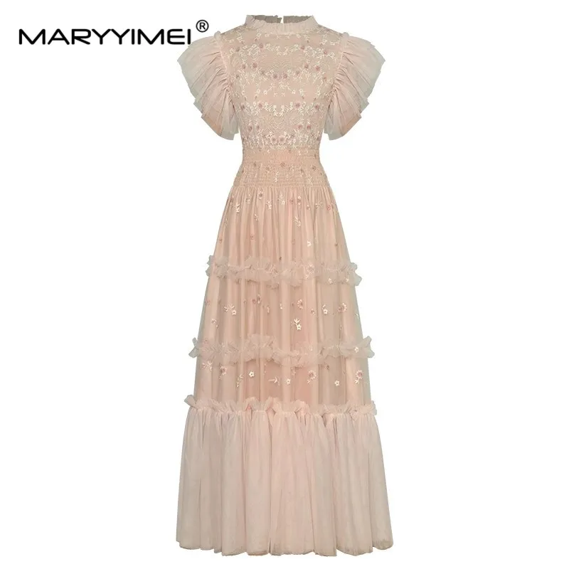 MARYYIMEI Women's Ball Gown dress Butterfly Sleeves Small flowers Embroidery Mesh Wood ear edge Elegant Party Evening Dresses