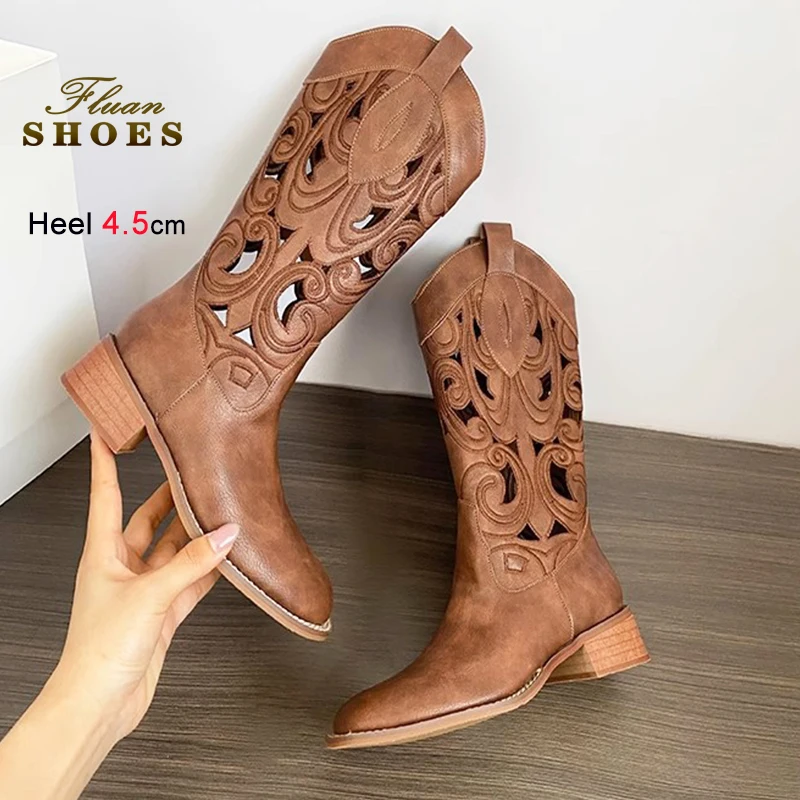

Ковбойские сапоги в стиле вестерн, женские сапоги до середины икры с квадратным носком на массивном каблуке 4,5 см, модные повседневные длинные туфли в стиле ретро с вышивкой