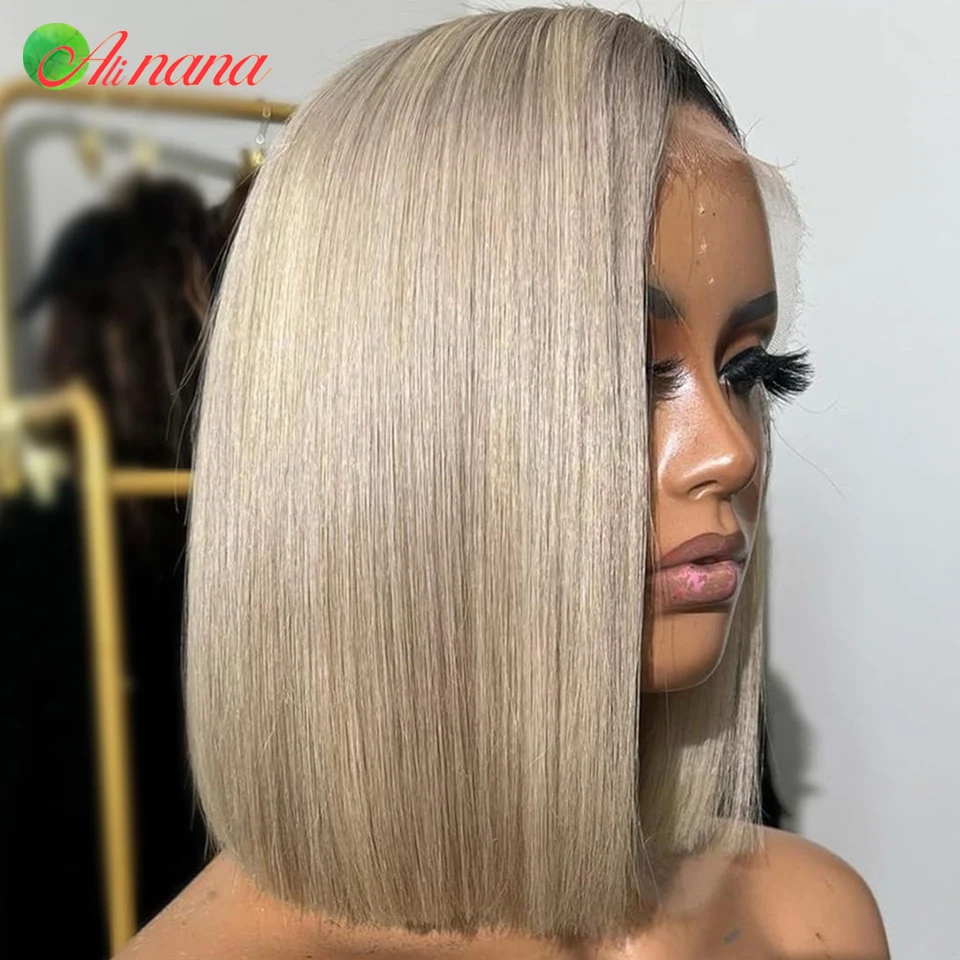 White Blonde Colored Short Bob Wig 13x4 Lace Front Wig Ash Blonde Bone Straight Remy Human Hair Wig For Black Women 180% Density