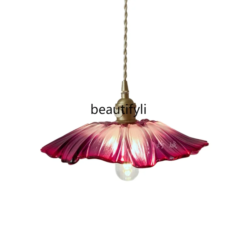 zq Purple Lotus Leaf Single Head Glass Bedroom Bar Dining Room Chandelier Nordic Brass Corridor Light