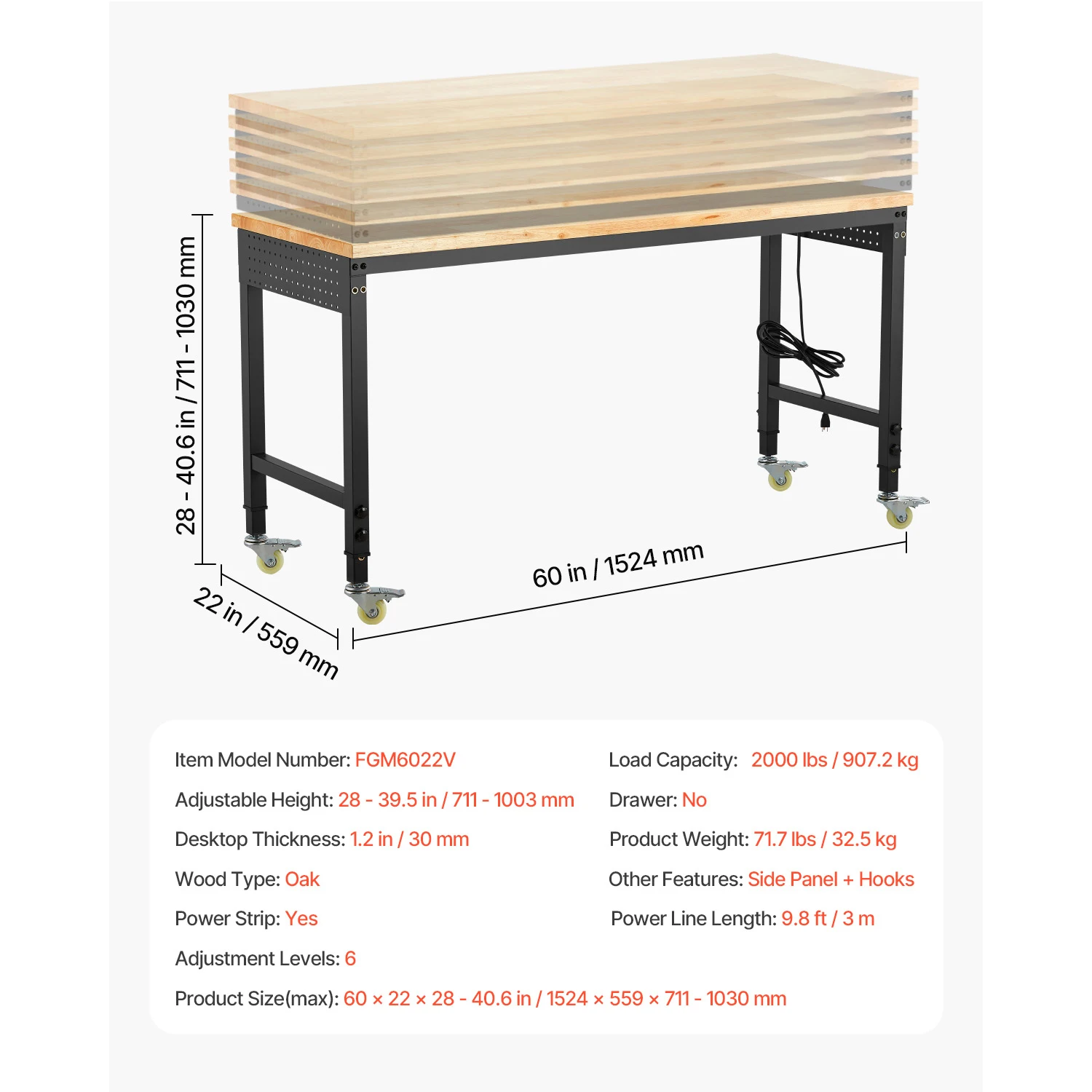 SucceBuy 2000LBS verstelbare werkbank Mutisize werkbank met stopcontact en wielen eikenhouten werktafel voor garagewerkplaats