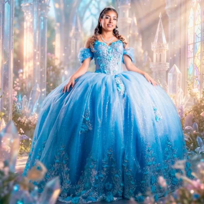 

Blue Shiny Quinceanera Dresses Off Shoulder Ball Gown Sweet 16 Dress Applique Flower Beading Crystal Tull Birthday Party Vestido