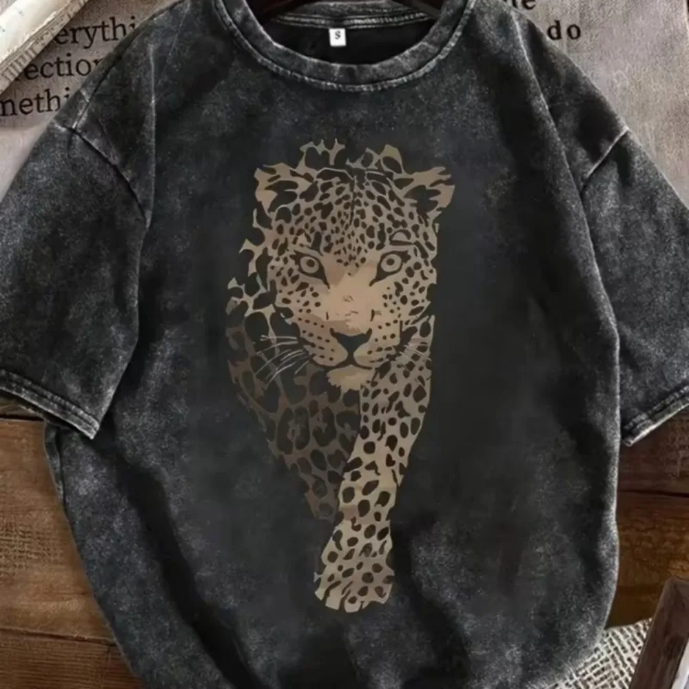 Vintage Washed Abstract Leopard Face Print T-Shirt Men Women Wild Cat Graphic Tee Casual Oversized Streetwear Top