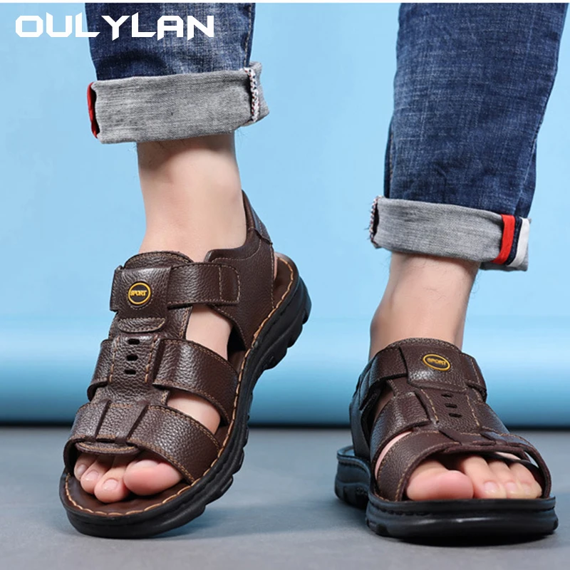 2024 Fashion Sandals Men\'s LeatherAnti Slip Breathable Soft Sole Shoes For Men Summer Water Trekking Beach Slippers