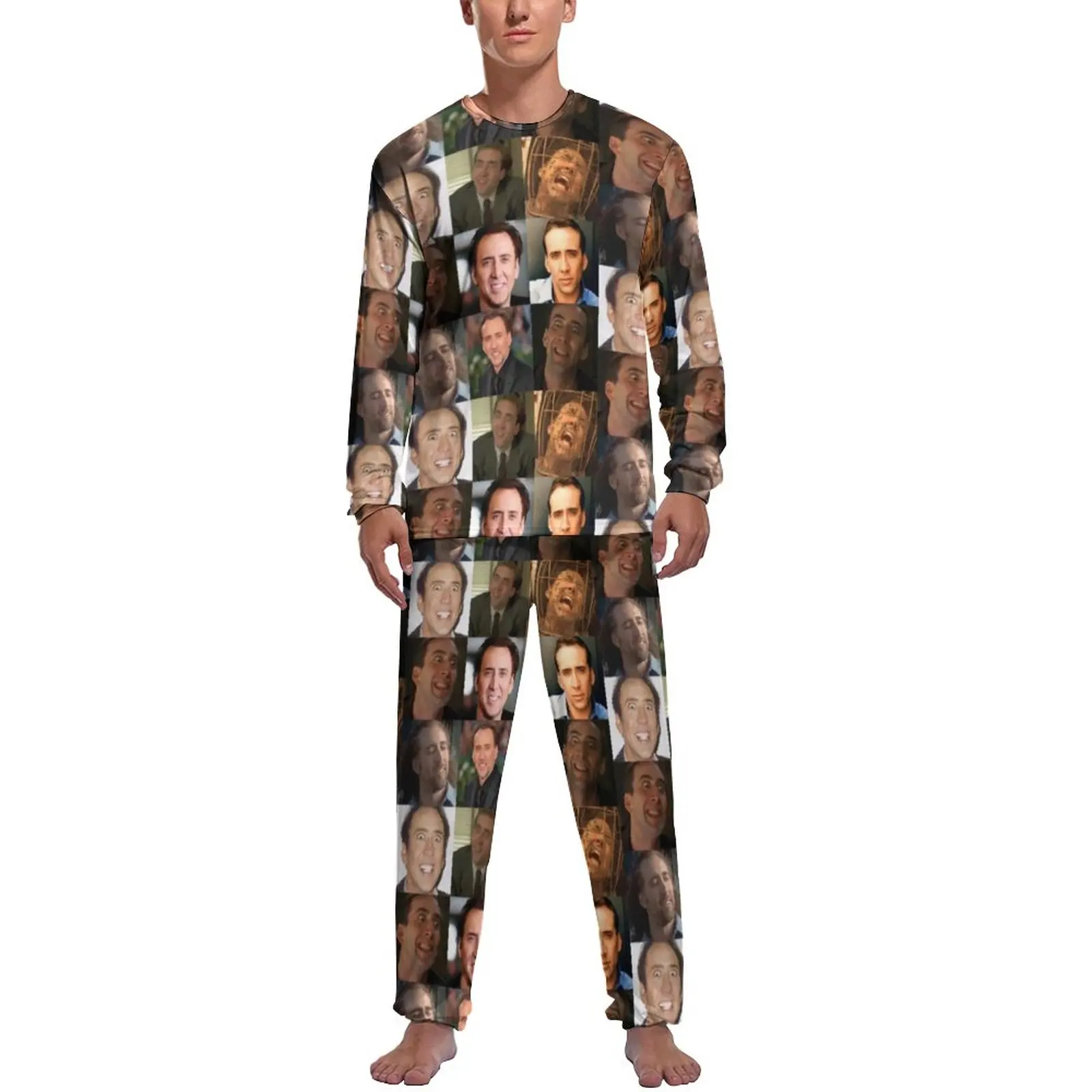 Pijama de manga larga con estampado estético para hombre, ropa de dormir con diseño divertido de Nicolas Cage para otoño, 2 piezas