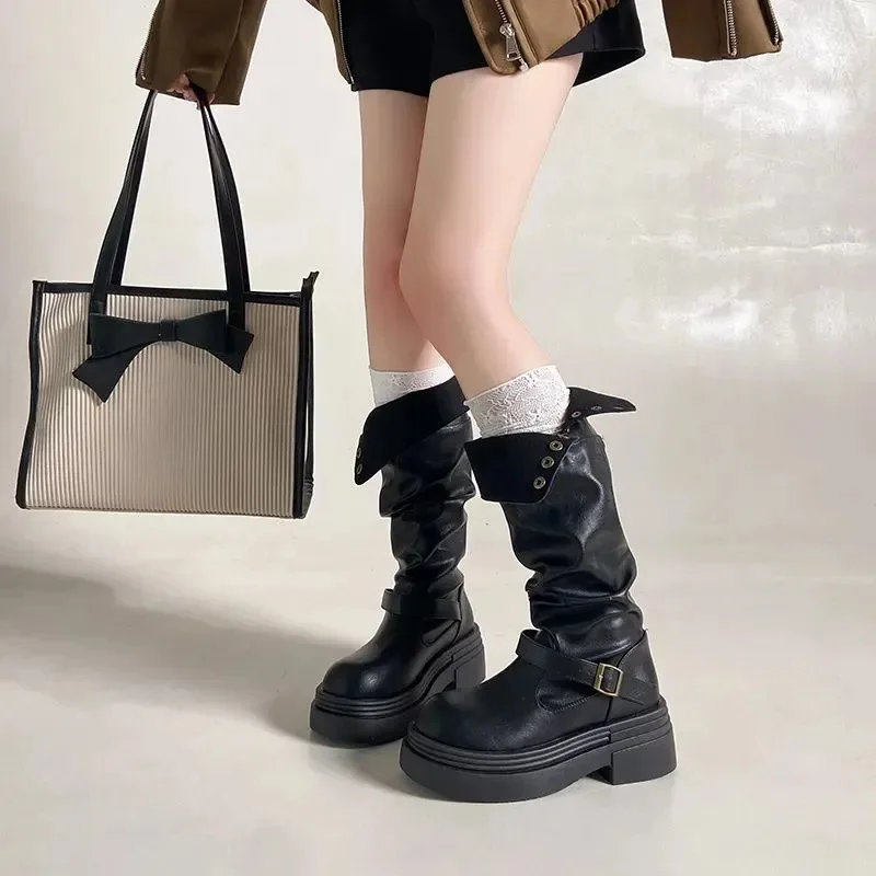2026 New Women's High Knee Boots, Chunky Platform Stacked Rider Boots, Spring/Autumn Two-Way Edgy Fold-Over Cuff Fashion Design
