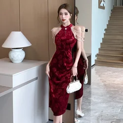 Vintage Midi Club Dress for Women Sexy Flower Jacquard Pearl Slim Bodycon Dress Knee-length Black Burgundy Vestidos De Fiesta