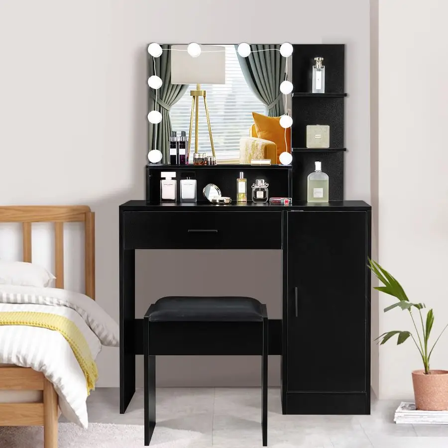 

Vanity Desk with Mirror and Lights, Black Makeup Vanity with Drawers and 6 Storage Shelves, Vanity Table with Vanity Chair for B