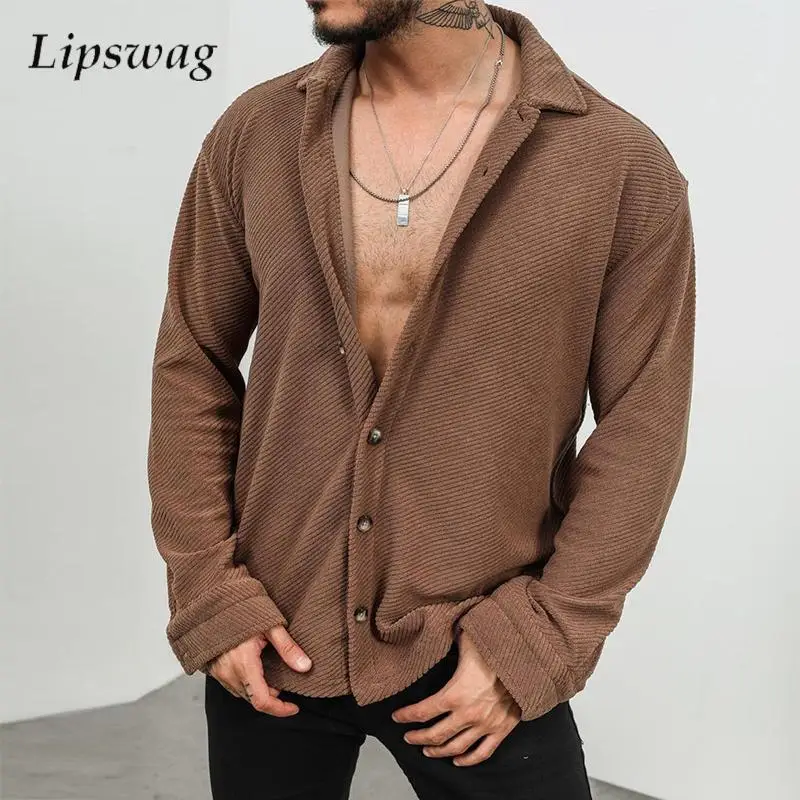 

Fashionable Mens Shirts Corduroy Solid Color Turn-down Collar Buttoned Ribbed Shirt Classic Men Long Sleeve Shirt Autumn Clothes