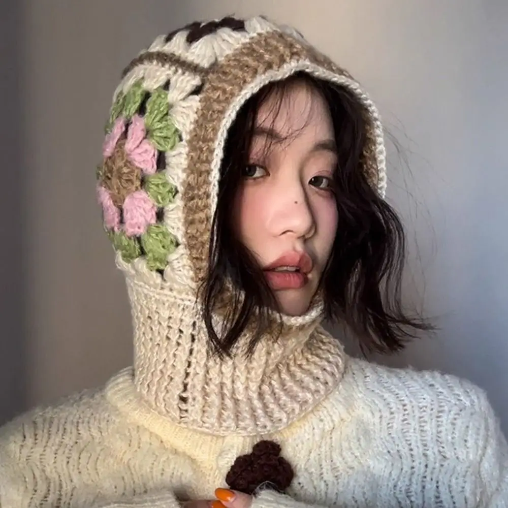 

Windproof Crochet Flower Handmade Balaclava Hat Colorful Ear Protection Knitted Yarn Hat Neck Warm Knitted Hooded Caps Winter