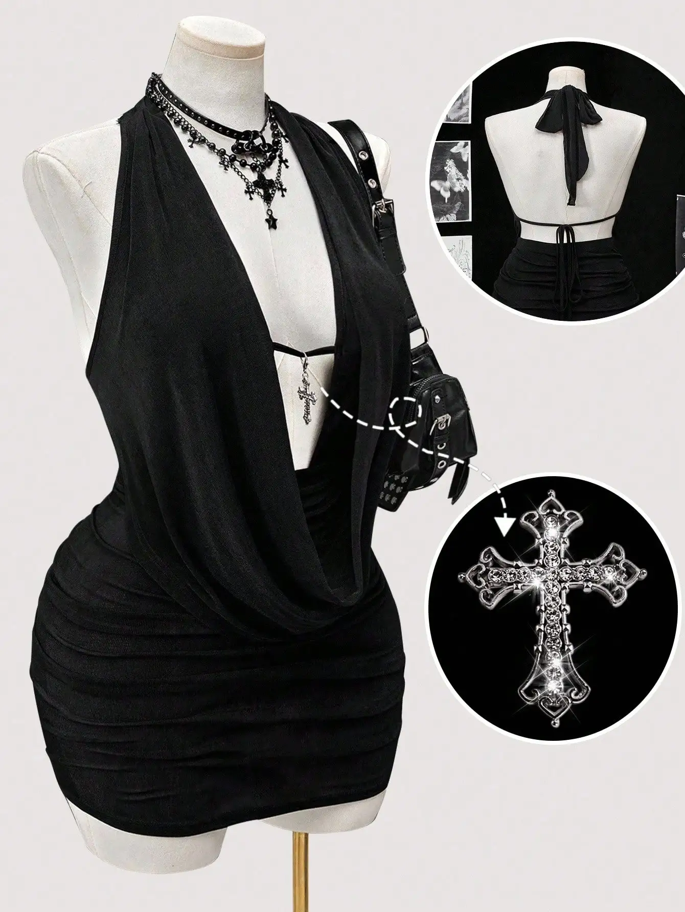 

Black Halter Neck Ruched Mini Dress with Cross Pendant and Back Tie Detail