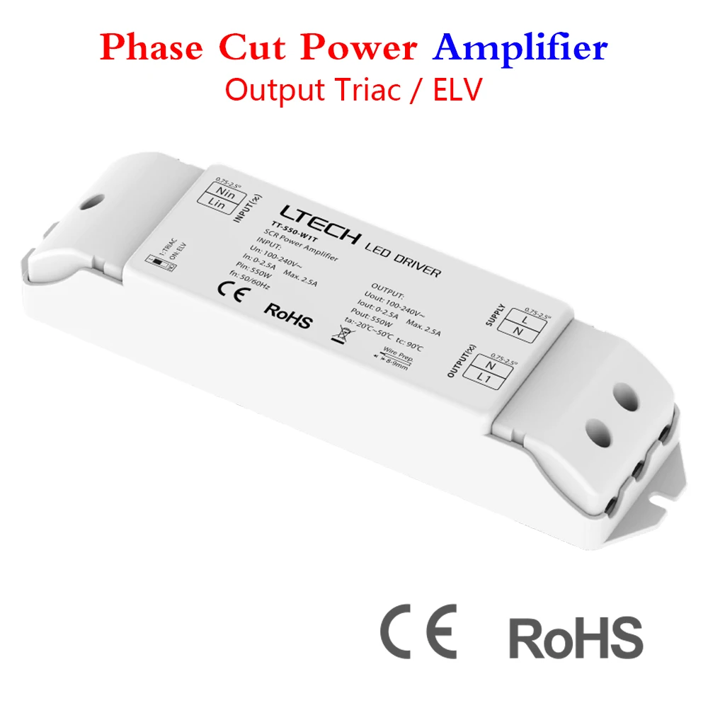 

LTECH Phase Cut Power Amplifier TT-550-W1T Output Triac/ELV MAX 2.5A 500W Work with dimmable LED bulbs or Phase cut LED drivers