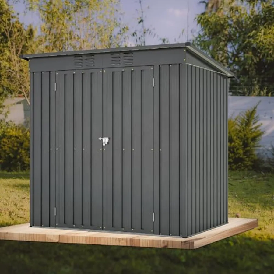 Outdoor storage shed for backyard garden patio lawn use, galvanized steel construction, gray color, rust-resistant and weatherp