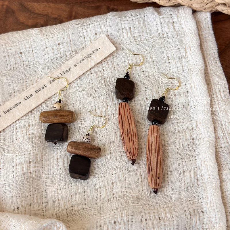 Earrings Vintage Color Block Solid Wood Long Dangle Ethnic New Chinese Style Women Elegant Lightweight Daily Office Travel