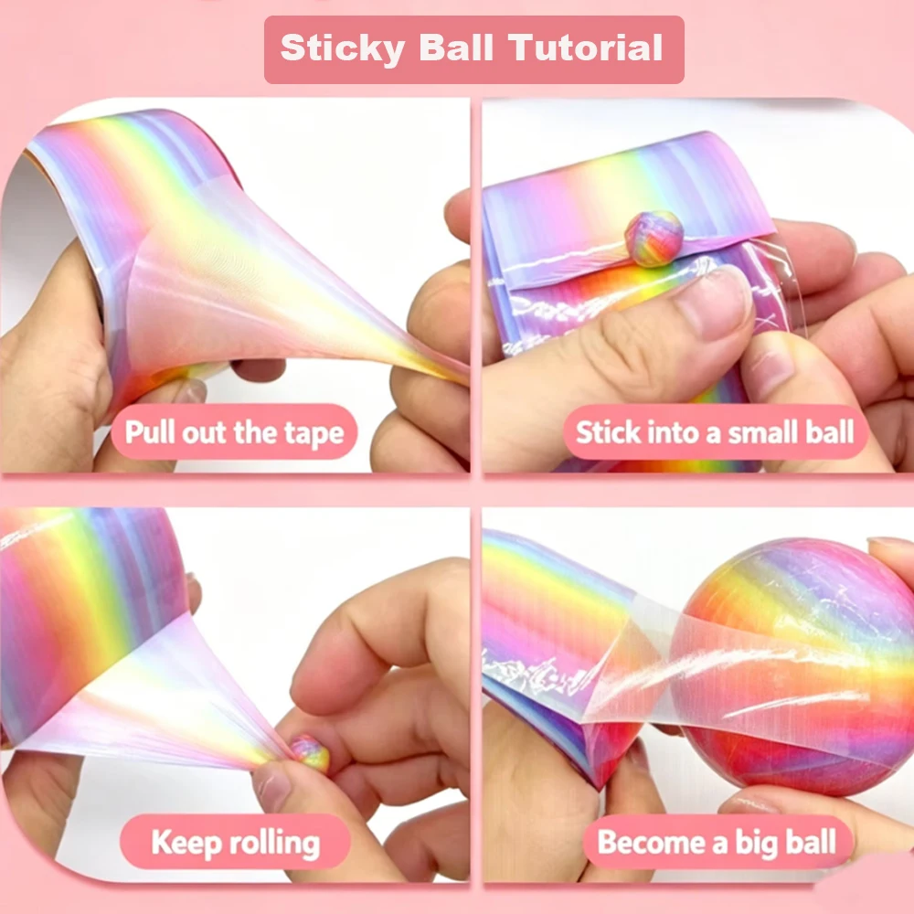 Multi Roll Rainbow Sticky Ball Tape Width 36mm Hand Pull Silk DIY Decompression Tape Self Adhesive Rolling Sensory Craft Toy