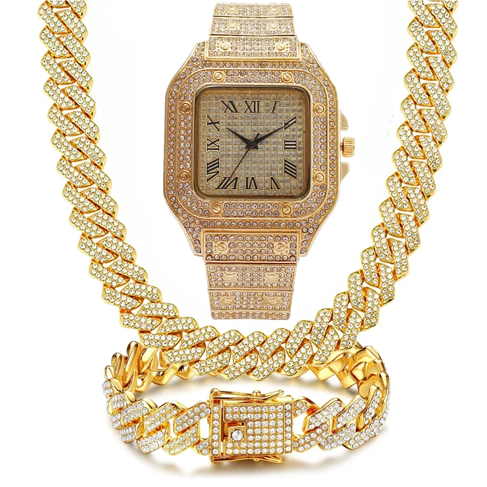 

3 шт. модный комплект ювелирных изделий 15 мм Bling Iced Out кубинское ожерелье квадратные часы браслет для женщин праздничные подарки на день рождения повседневная одежда