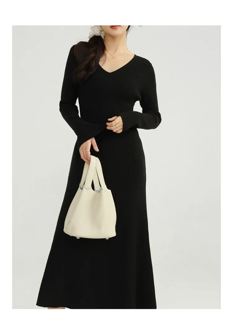Vestido de malha feminino fino com decote em v, outono inverno, manga comprida, bodycon, midi, suéter, elegante, cintura, linha a, roupa de camada interna