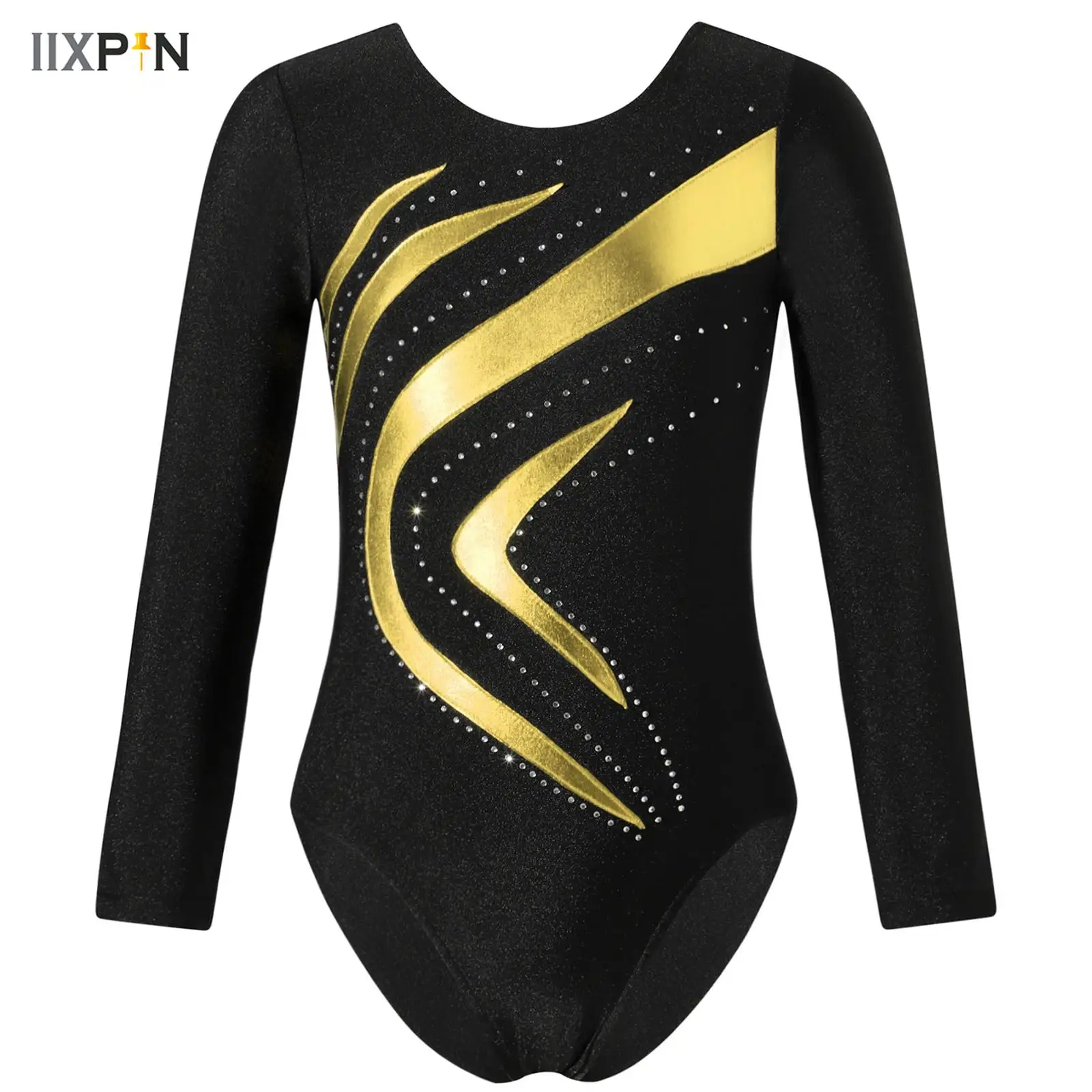 

Kids Girls Ballet Dance Gymnastic Leotards Active Unitard Bodysuit Long Sleeve Bronzing Cloth Patchwork Figure Skating Dancewear