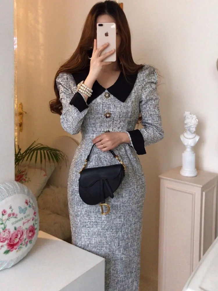 فستان نسائي أنيق جديد لفصل الخريف، تصميم ضيق من التويد على شكل حرف A، تنورة طويلة بطراز عتيق وأكمام سبعة