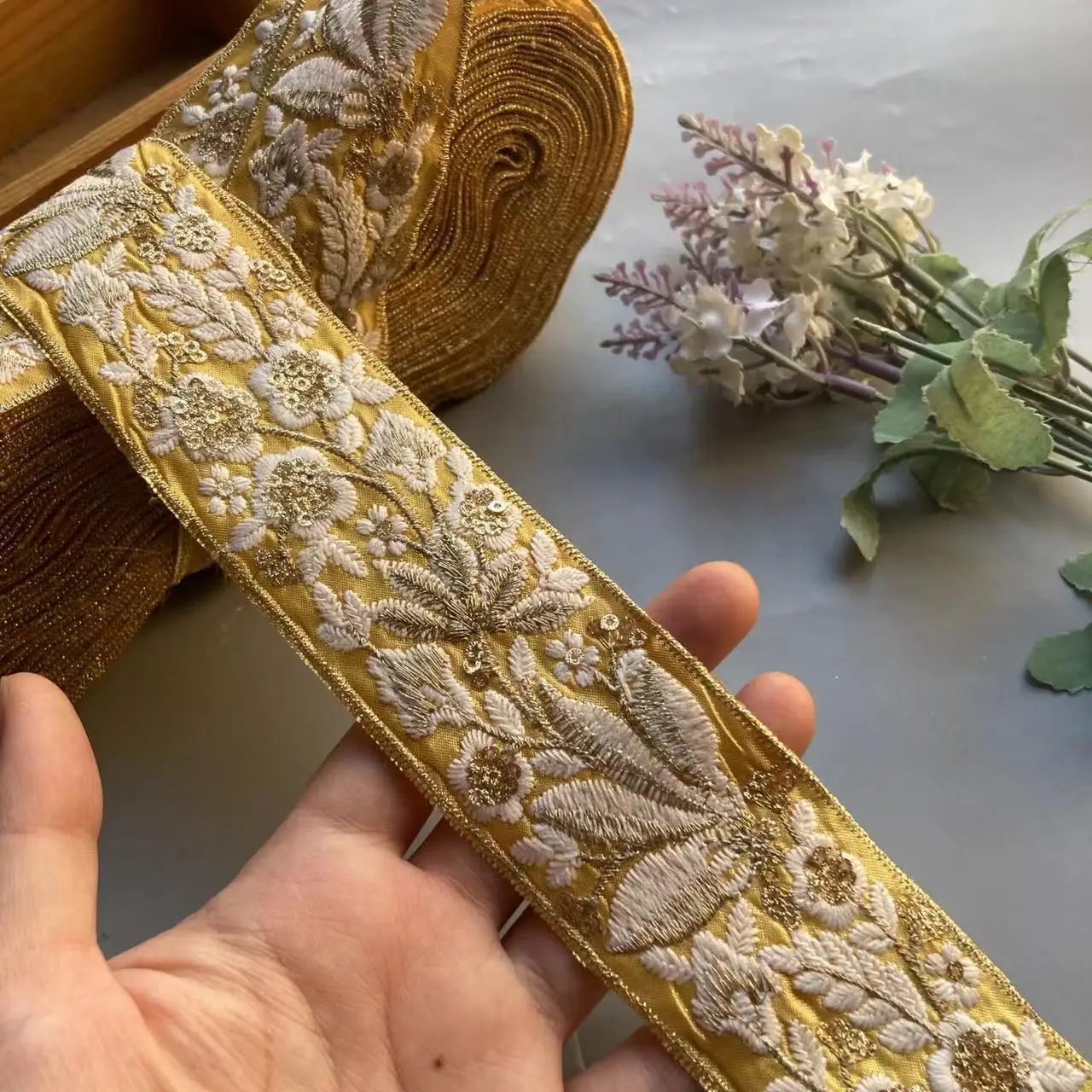 1 Yard 4.5cm Yellow Embroidery Flowers Sequin Fabric Gold thread Lace Ribbon Ethnic Clothing Dress Sewing Trims Craft Decoration