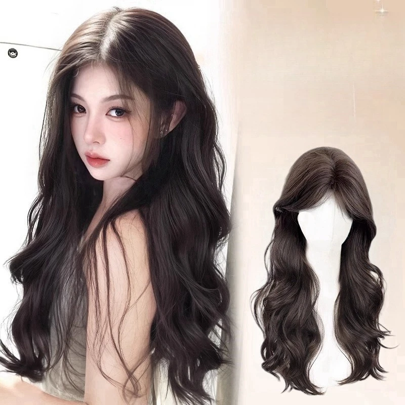 

Synthetic Women's Full Head Wig Long Hair Ruched Waves Eight-Character Bangs Full Coverage Simulation Hair Big Wave Curl