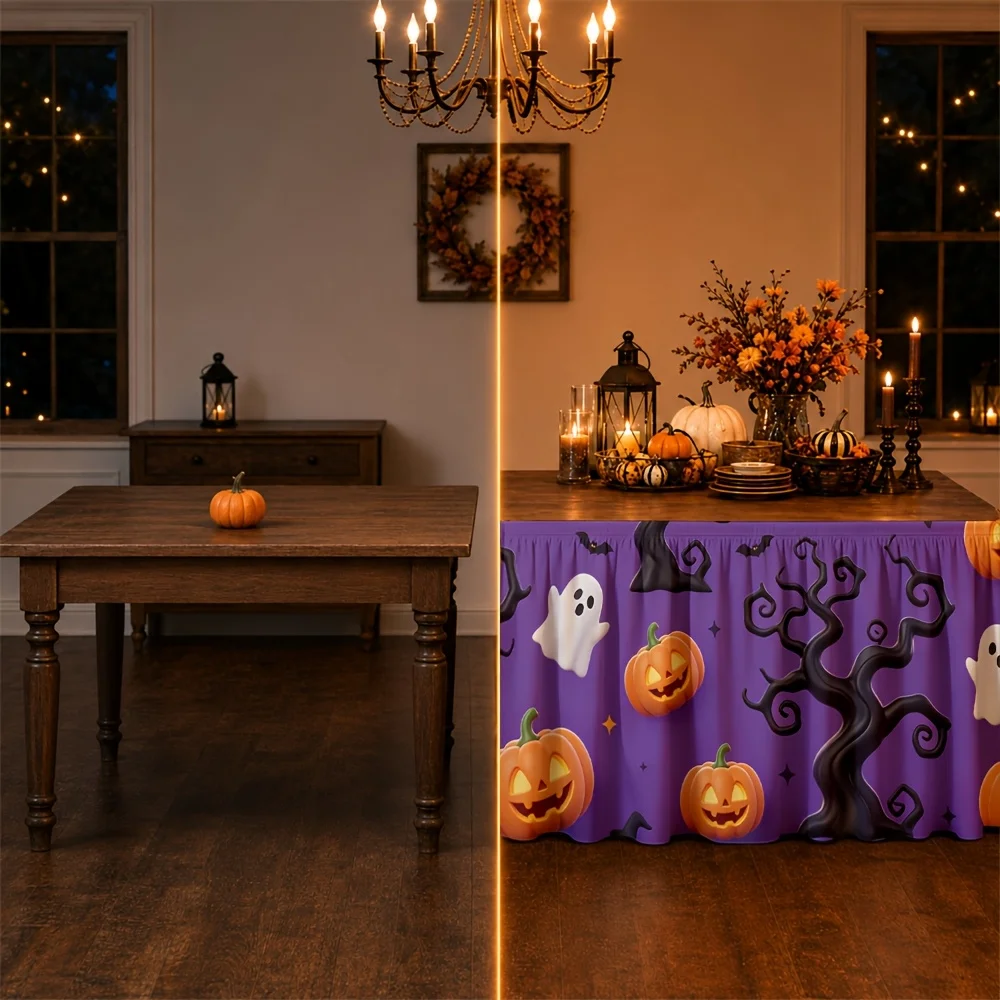 Halloween-themed tablecloth/drapery, featuring a scary tree, pumpkin lanterns, ghosts, and a purple background