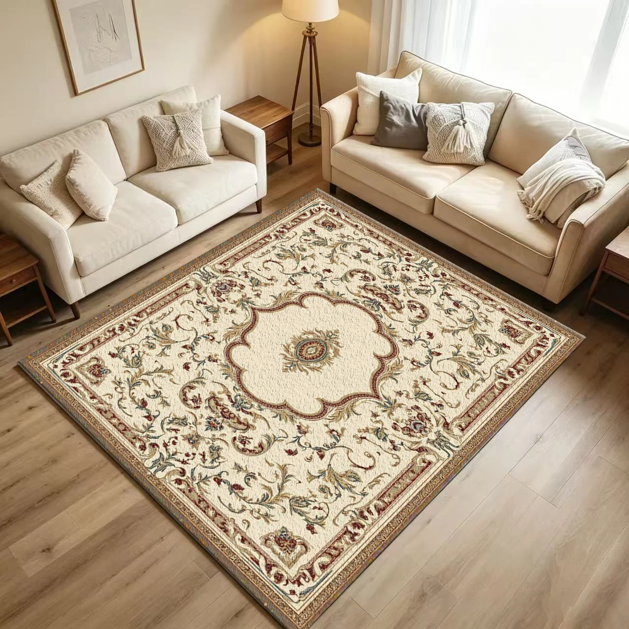 Classic European Vintage Floral Medallion Carpet Flooring Retro Ornate Border Printed Floor Rug for Household Living Room Home Interior Decoration