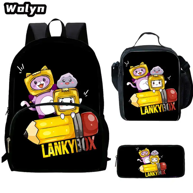 LankyBox-mochilas escolares de dibujos animados para estudiante, Juego de 3 piezas, con bolsa de almuerzo, estuche para lápices, gran capacidad, para grado 1-4