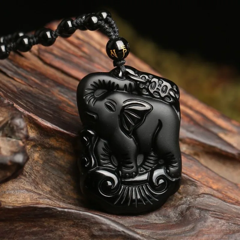 

Натуральный обсидиановый кулон Руи с тремя слонами, универсальный для мужчин и женщин.