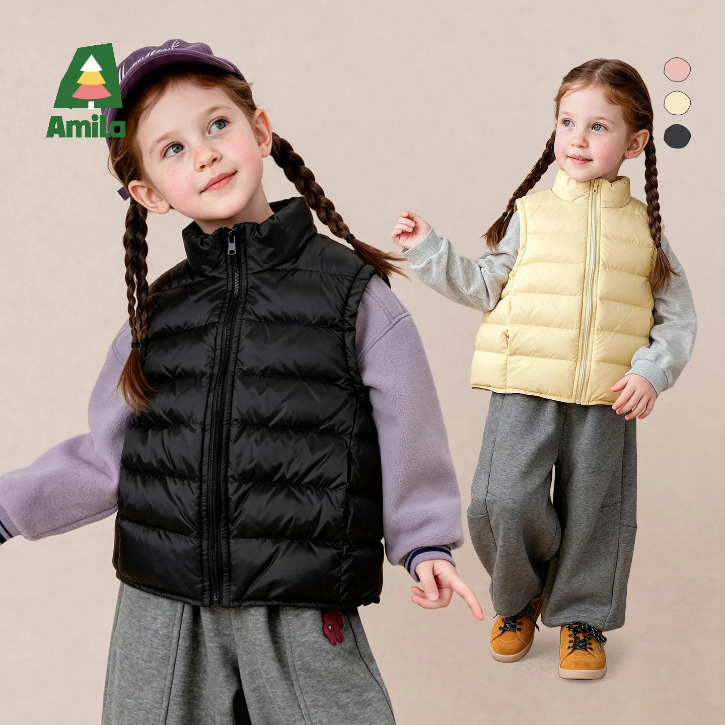 Amila 2026 Winter New Kids Down Vest White Duck Down Stand Collar Warm Thermal Soft Cozy Comfortable Daily Versatile Top