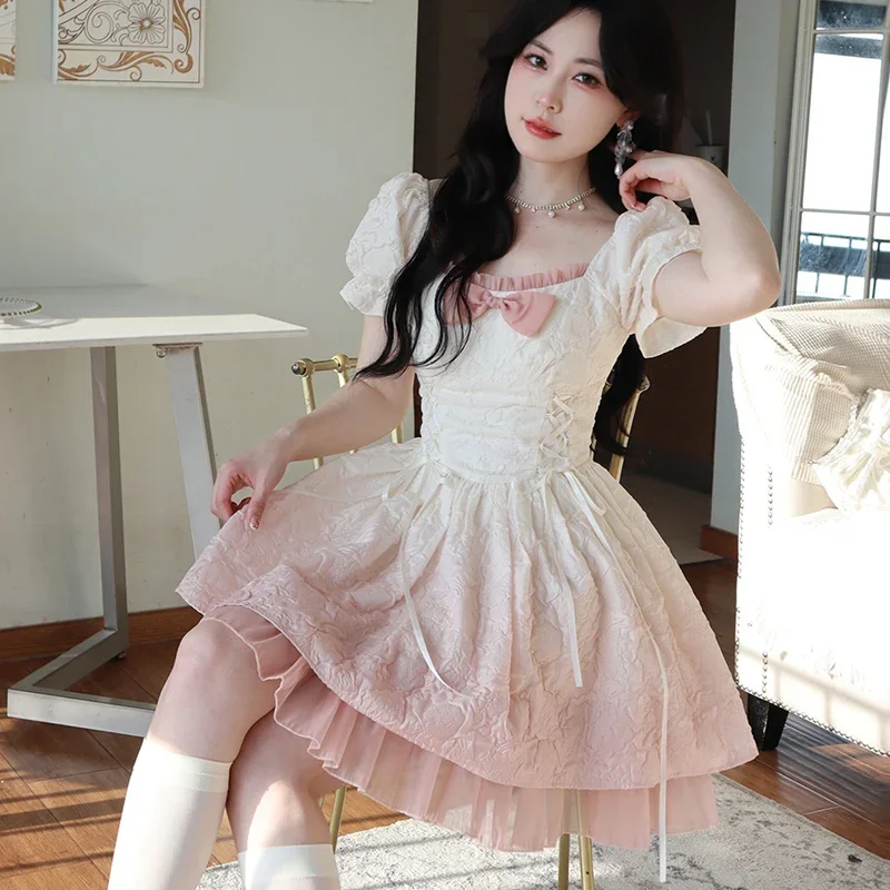 

Fairy Princess Elegant Women Dress Short Sleeve Vintage Lolita Kawaii New Korean Fashion Y2K Girls Sweet Mini Summer Dress 2024