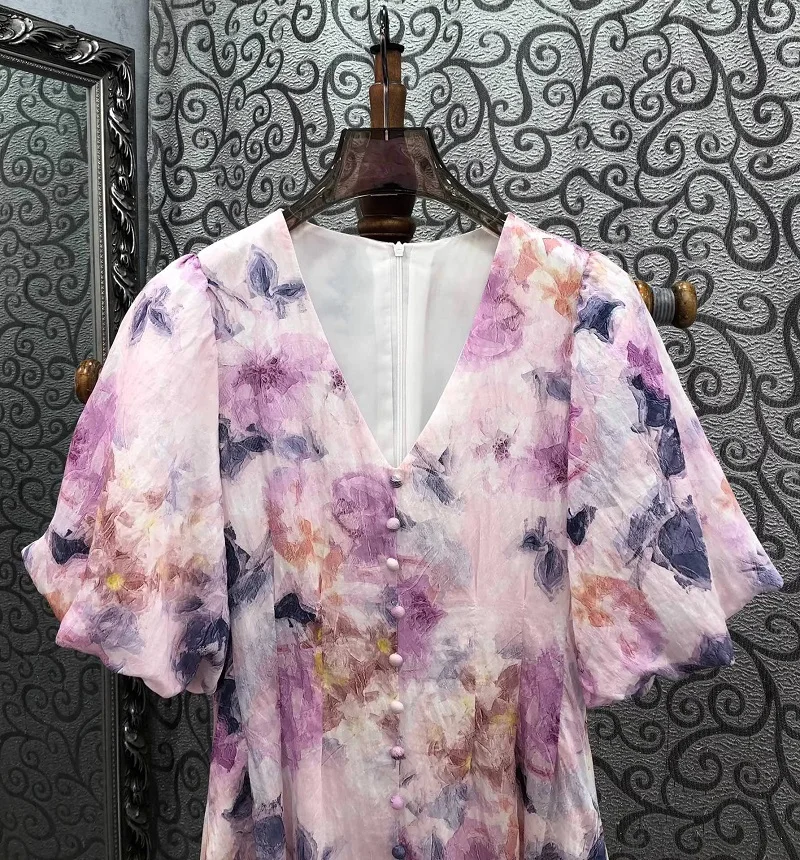 Newest Fashion Summer Dress 2024 High Quality Clothes Women V-Neck Purple Floral Print Tunic Button Short Sleeve Midi Boho Dress