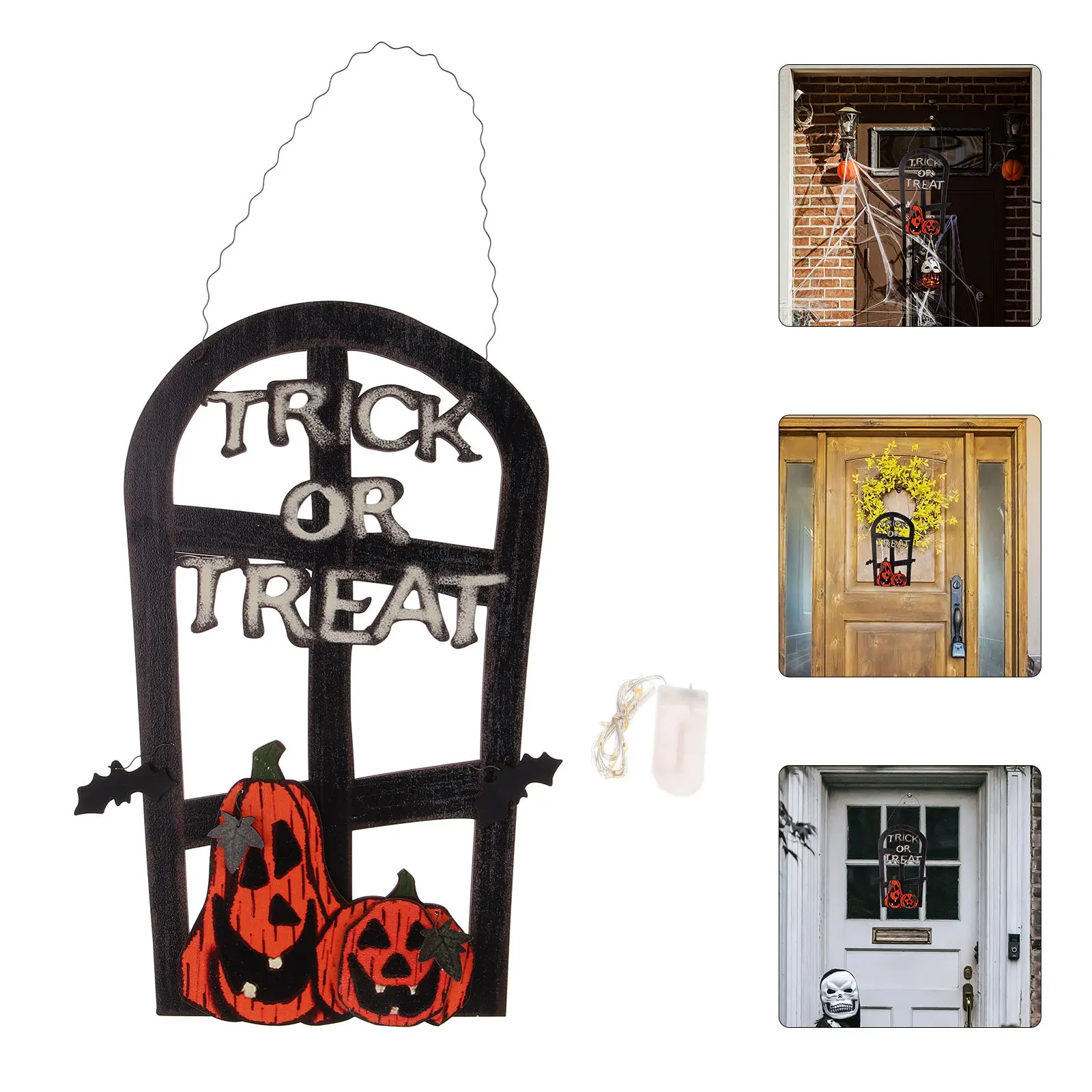 

Halloween Wooden Door Sign Hanging Pumpkin with Skull Wall Decor Rustic Front Door Plaque for Halloween Party Black Table Lamp