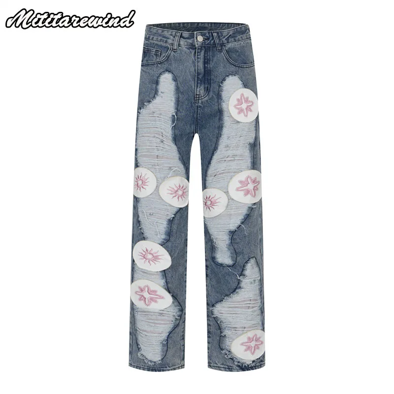 

High Street Straight Y2k Jeans Loose Ripped Simple Ins Vibe Trousers Four Seaeons Splice Embroidery Patchwork Wide Leg Men Pants