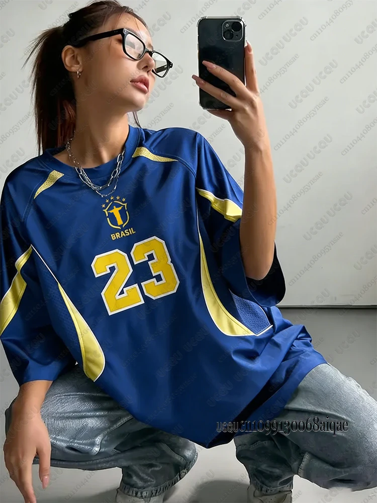 2026 Summer New Brazil T-shirt For Women O-Neck Patchwork Short Sleeve Crop Top Streetwear Sports Football Jersey Y2K Loose Tops