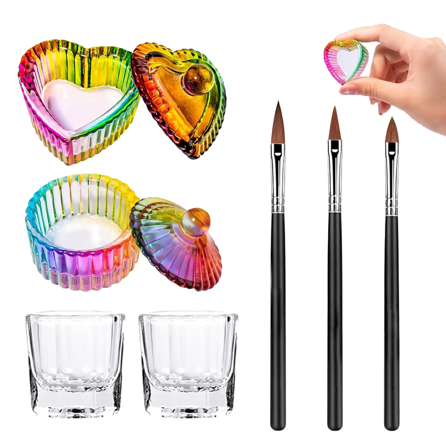 Set di tazze di cristallo colorate da 7 pezzi. Cristallo di vetro con coperchio, pennello per unghie per mescolare smalto acrilico e polvere