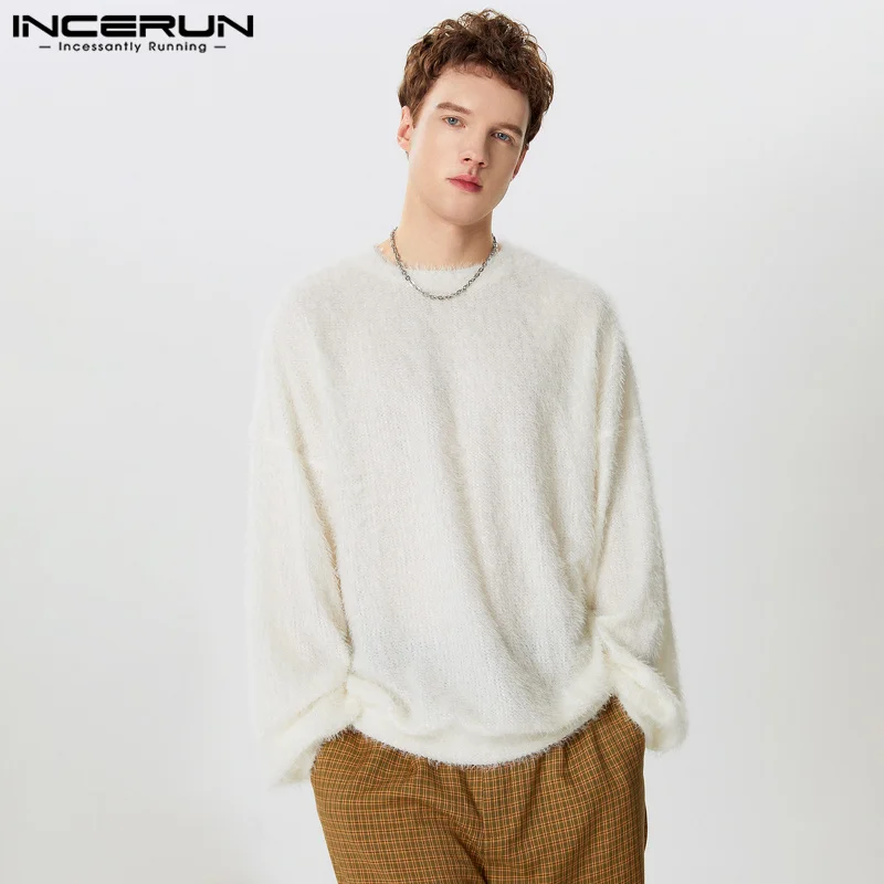 INCERUN Tops 2024 Korean Style Handsome New Men Loose Plush Fabric Pullover Casual Fashion Male Solid Long Sleeved Sweater S-5XL