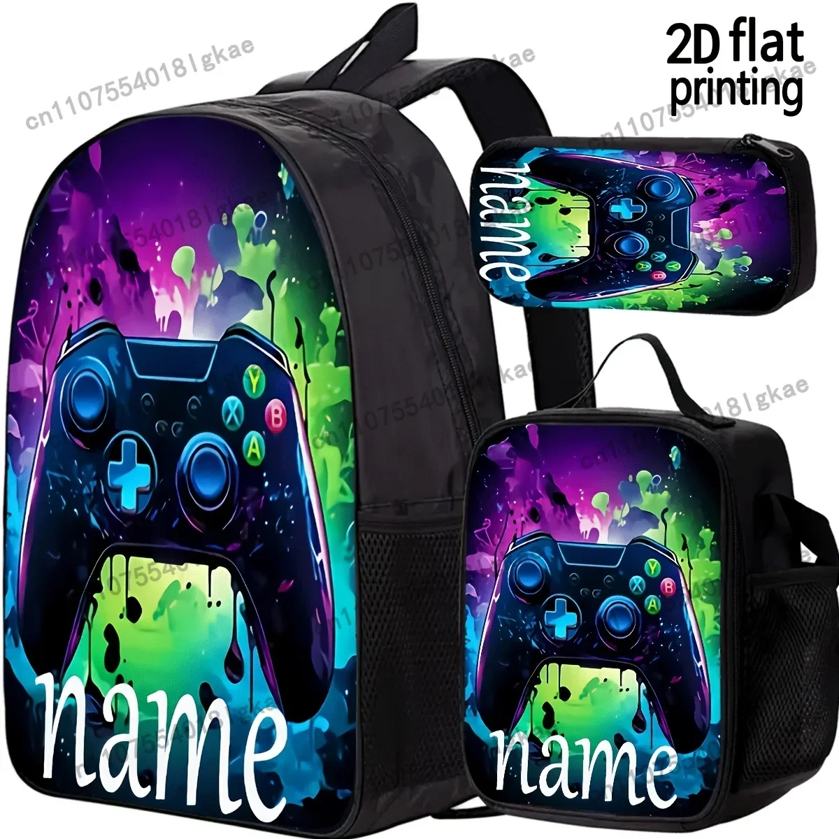 1pc Custom Name/Text Personalized Gaming Backpack - Gamer Controller Design Backpack With Neon Purple/Blue/Purple Splash Pattern