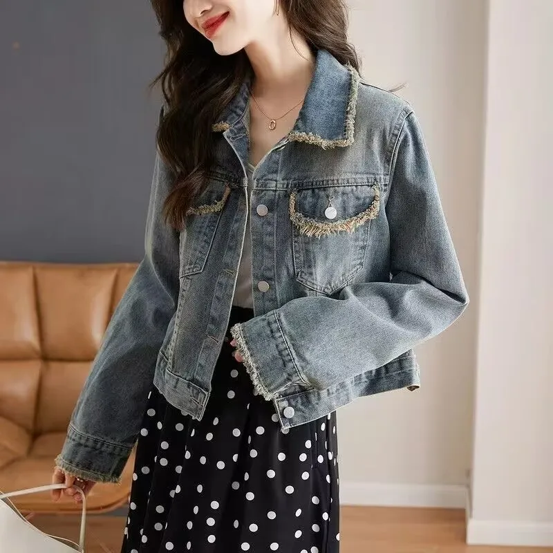 Jaket jins wanita, baju Denim lengan panjang kasual, rumbai jalanan longgar Musim Semi dan Gugur