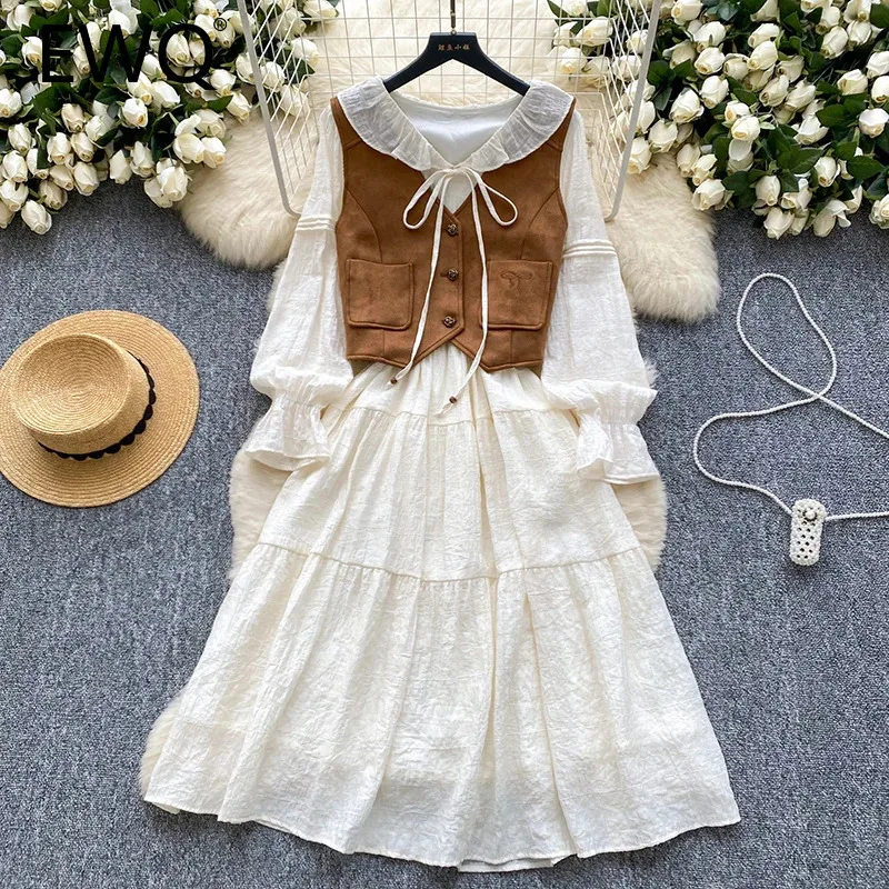 EWQ Casual 2 Piece Set Women 2024 Autumn New Lapel Collar Long Sleeve Lace-up Sweet Dress＋V-neck Single Breasted Vest 27X1309