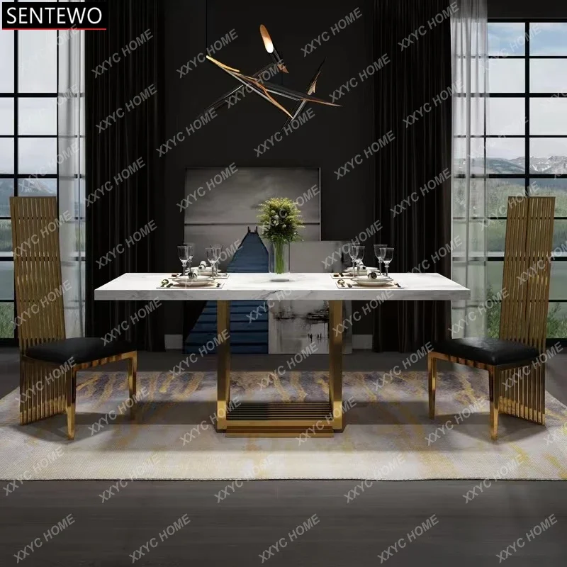 Modern Luxury Marble Dining Table Set and Chairs Kitchen Furniture Stainless Steel Gold Base Dinner Dinning Room Tables Chair