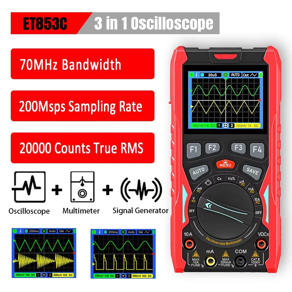 

ET853C Dual Channel Oscilloscope Multimeter Signal Generator 70MHz Type-C Rechargeable Battery Intelligent Anti-burn Protection