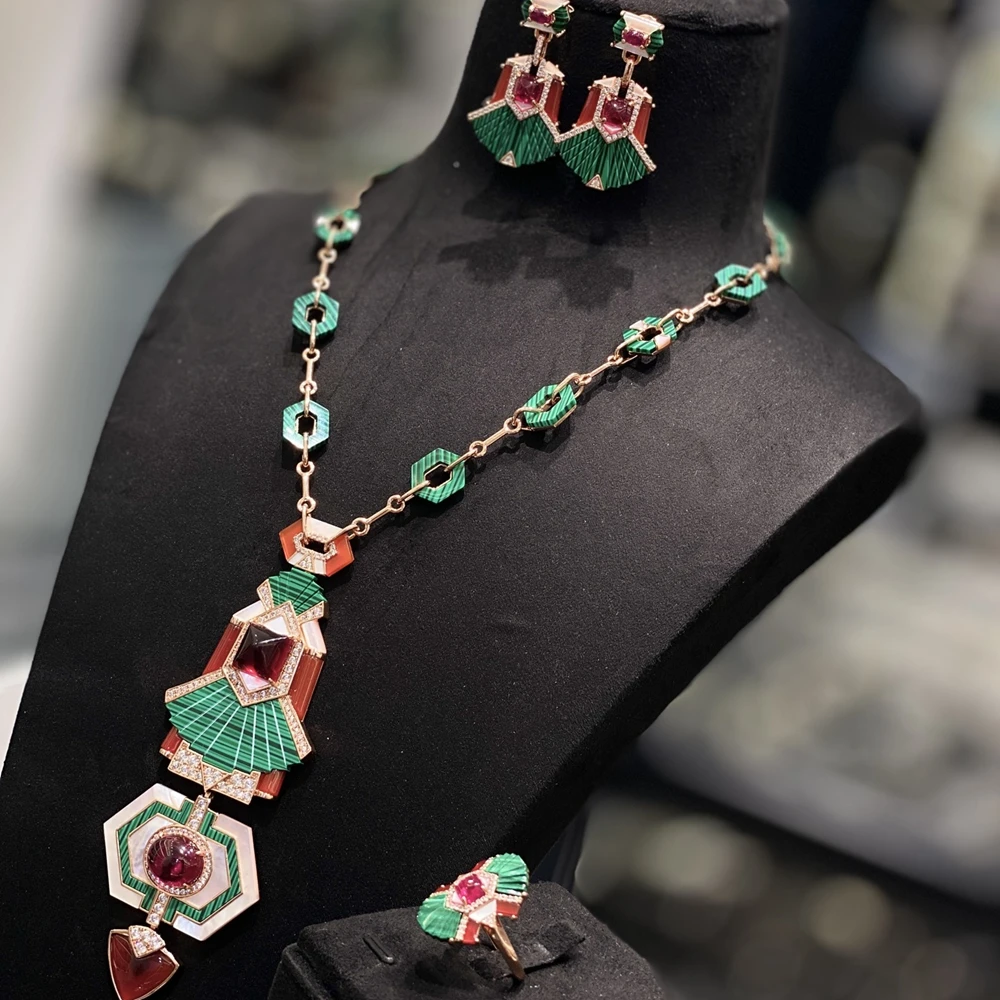 Alta artigianale solido argento 925 agata rossa sintetica verde malachite conchiglia collane di perle orecchini anelli set di gioielli da donna di lusso