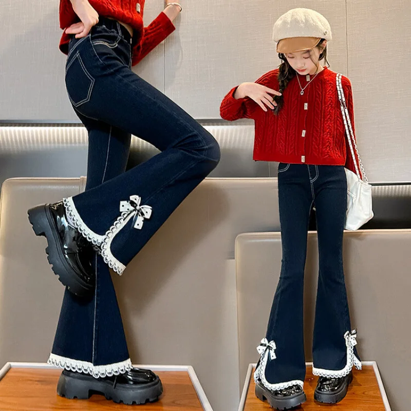 Kids Child Retro Boot Cut Jeans with Lace Flower for Girl Female New Spring Autumn Blue Denim Pants Street Wear Flare Trousers