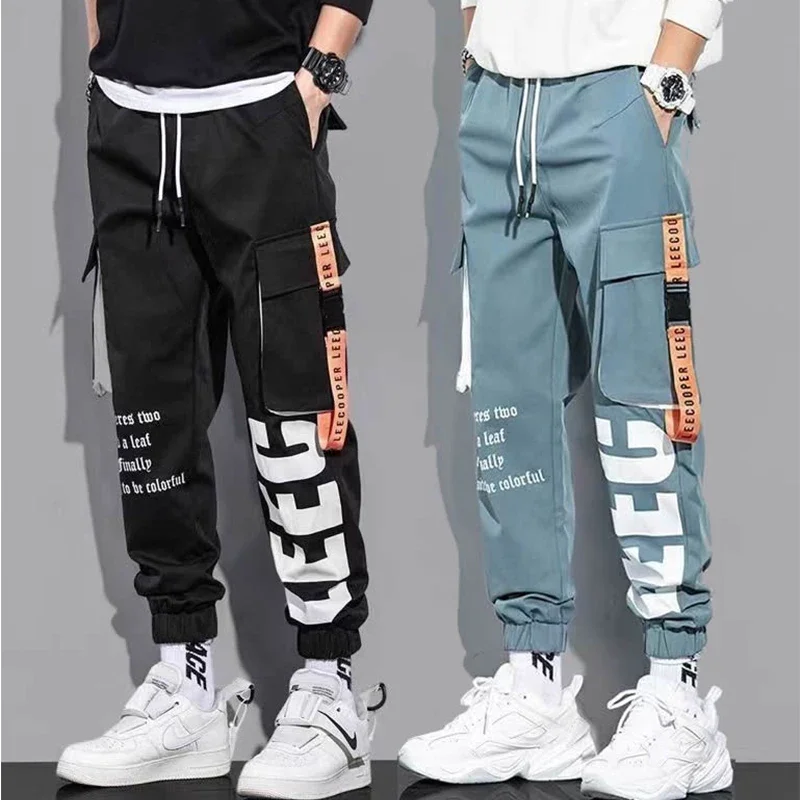 

Classic Streetwear Casual Pants Men Ribbons Jogging Pants Male Slim Fit Spring Cargo Pants Multi-Pockets Trouser