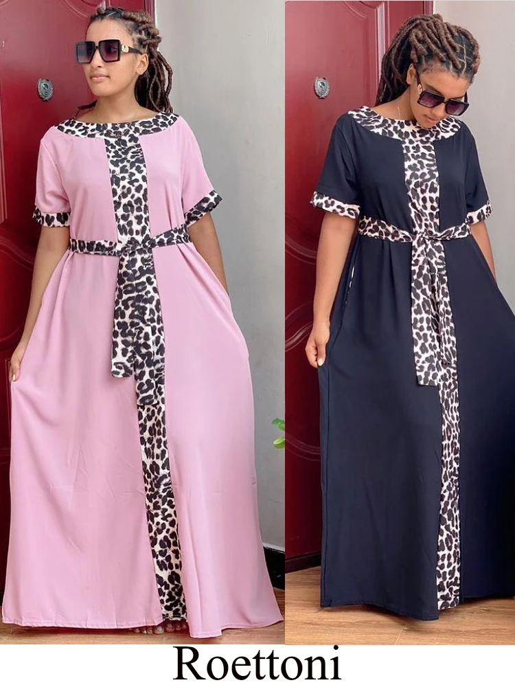 Loose Kaftan African Women\'s Dress Leopard Print Elasticity Muslim Robe With Belt/Hair Hoop Maxi Femme Boubou Long Abaya Blouse