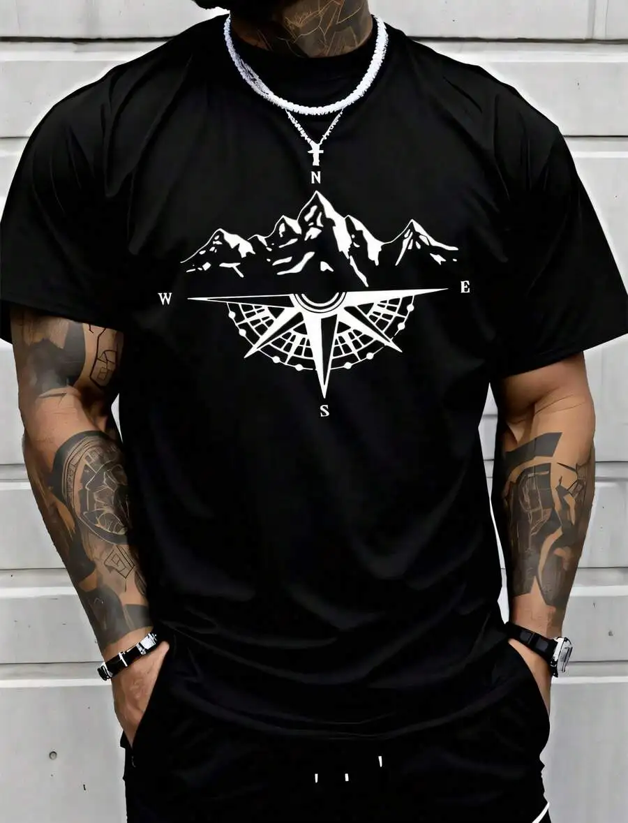 1pc Man S' Mountain Compass Print Black TShirt Crew Neck Casual Cotton Tee Medium Stretch Knit Fabric Regular Fit For Boys Man