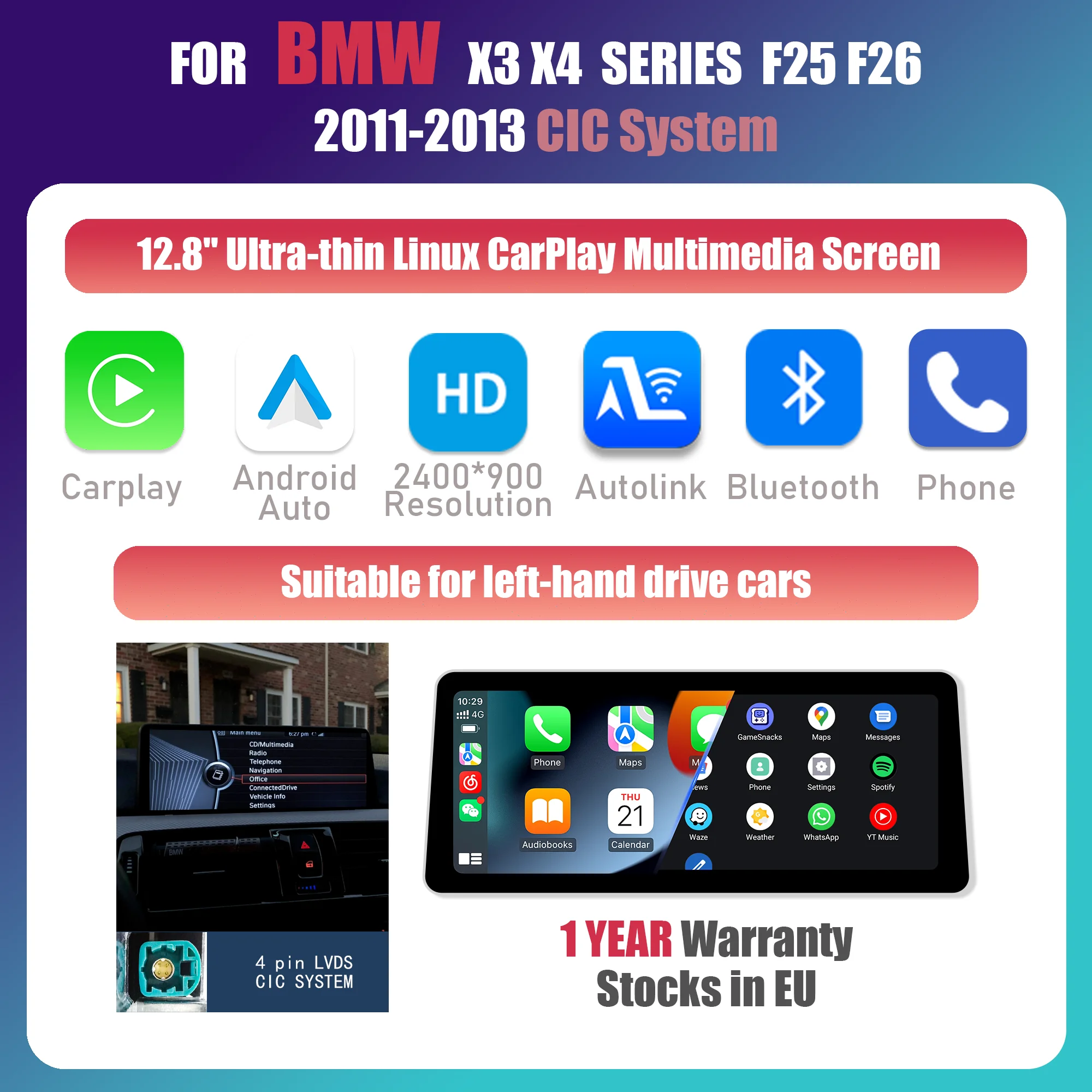 12,8 inch 2400*900P draadloze CarPlay Android Auto autoradio multimediasysteem voor BMW X3 X4 F25 F26 CIC NBT Mirror Link BT GPS stereo