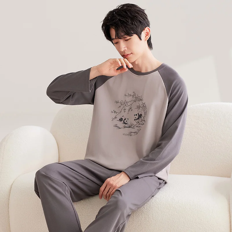 Brown Panda Men Pajamas Sets Cute Casual Long Sleeves Long Pants Autumn Winter Sleepwear Boys Pyjamas Cozy Pijamas Soft Male Pjs