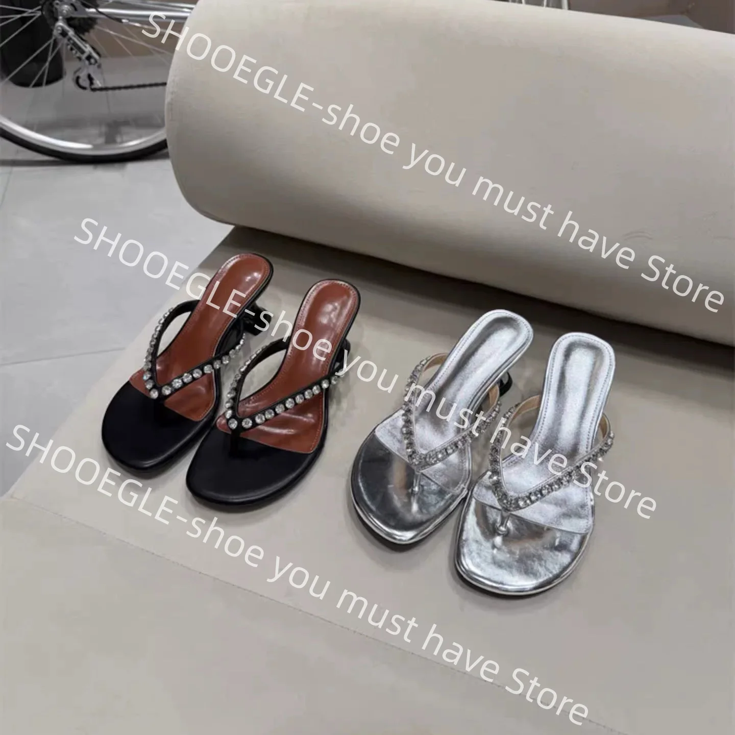 

Women's Black Rhinestone Thong Kitten Heel Mule Sandals Glamorous Square Open Toe T-Strap Luxury Slip-On Design Party Dress Shoe